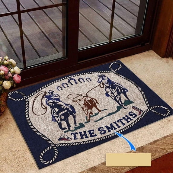 Door Mat Indoor Entrance Navy and White Funny Team Roping Doormat Home Decor Area Rugs Housewarming Gifts Home Decor 24x16 Inch