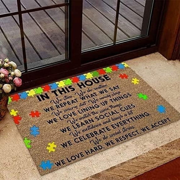 Door Mat Indoor Entrance Print Welcome Funny Doormat in This House We Love Hard We Respect We Accept Autism Awareness Doormat Home Decor Home Decor Housewarming Gift 16x24 Inch