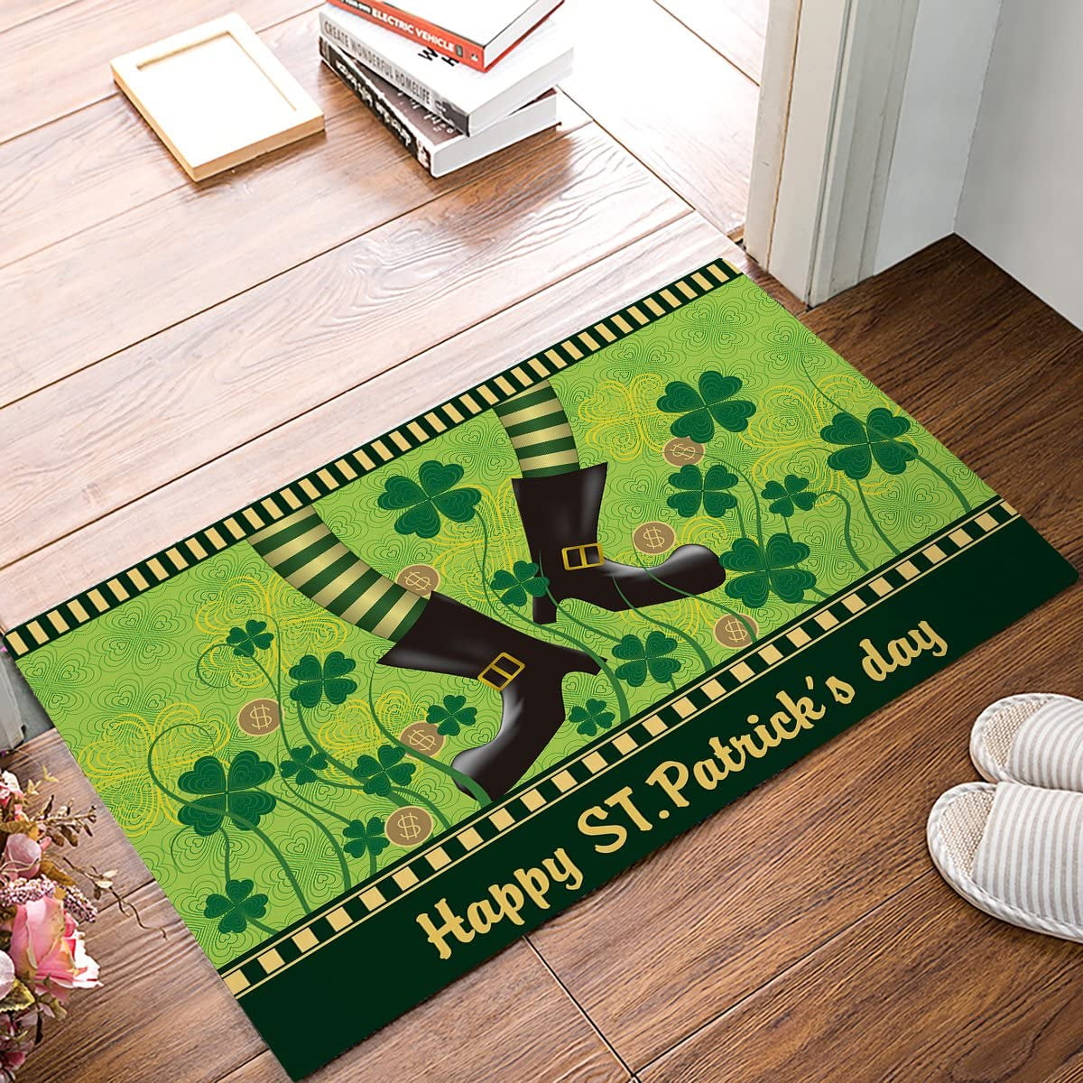 Door Mat Indoor Outdoor Entrance Rug Floor Mats Home Welcome Shoe Scraper Doormat Non-Slip, 30x18 Inch (Happy St. Patrick''s Day Elf and Clover)