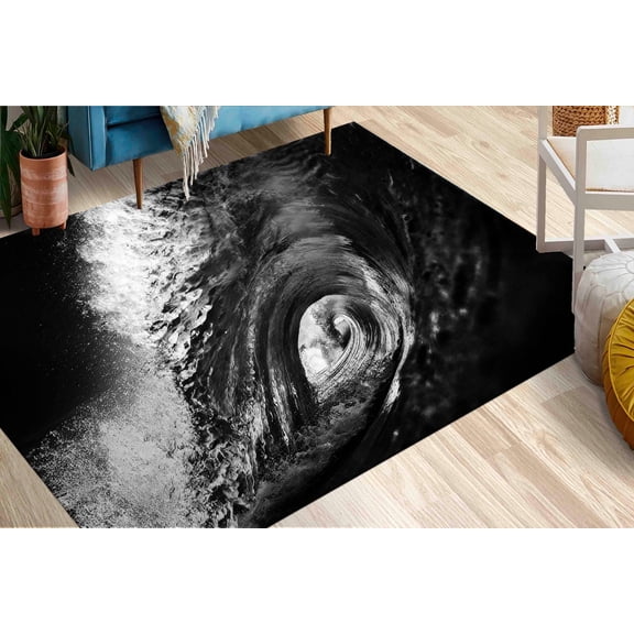 Door Mat Rug, Living Room Rug, Landscape Rugs, Wave Landscape Rug, Small Rug, Black Rug, Black And White Surf Rugs, Salon Rug, Loft Home Rug, 1.7'x2.3' - 50x70 cm