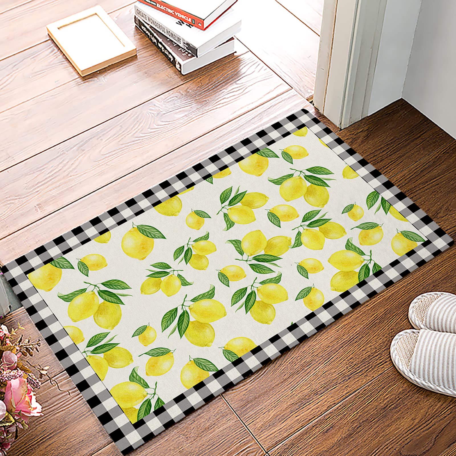 Door Mat Summer Farm Watercolor Lemon Texture Black White Plaid Doormat