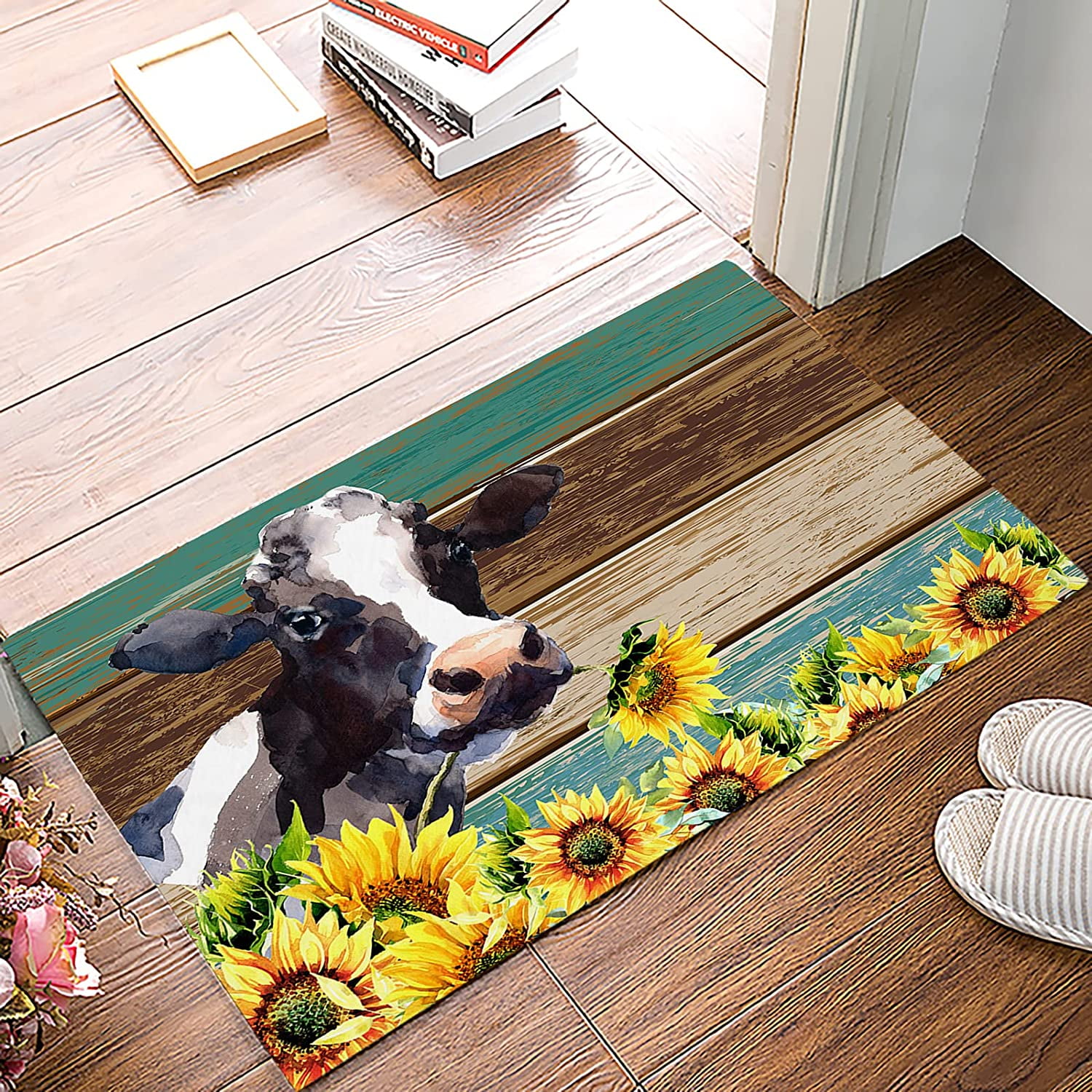 Door Mat Water Farm Cow Sunflower on Rustic Blue Brown Wooden Board
