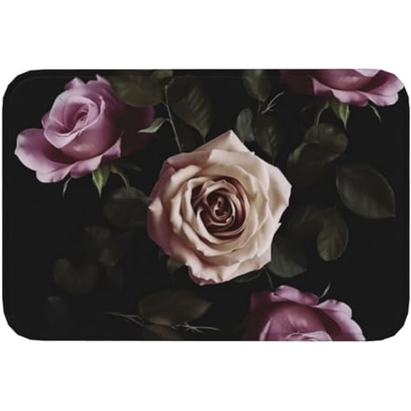 Door Mat Welcome Doormat for Front Door Black Blackgound Rose Print Flannel Non Slip Rugs Soft Entrance Mat 17x30 Inch.