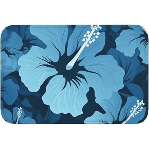 Door Mat Welcome Doormat for Front Door Blue Hibiscus Print Flannel Non Slip Rugs Soft Entrance Mat 17x30 Inch.