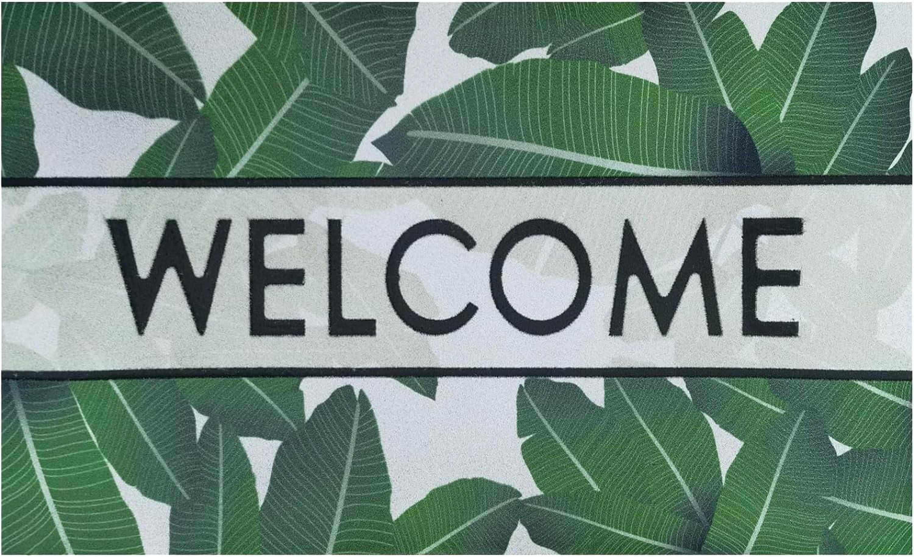Door Mat, Welcome Mat 18x 30 Inch Front Door Mat Outdoors for Home Entrance Outdoors Mat for Outside Entry Way Doormat Entry Rugs, Heavy Duty Non Slip Rubber Back Low Profile, Green Leaves