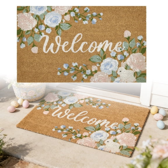Door Mat Welcome Outdoor Mat: Artificial Coir Doormat for Outdoor Outside Indoor Entrance - Front Door Mats Non- Backing Washable Fall Mat for Home Porch Entry (Floral Welcome Matt, 18"x 30")