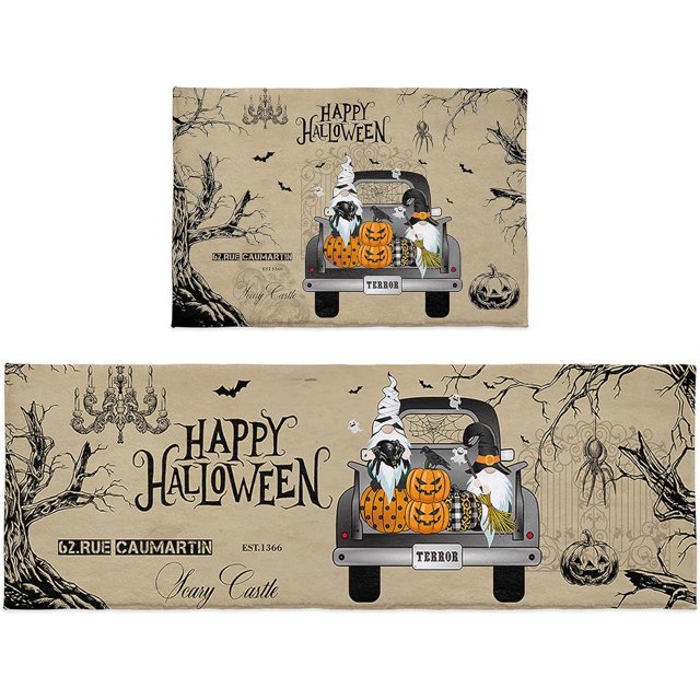 Door Mats Set of 2, Happy Halloween Vintage Cartoon Gnome Truck Pumpkin