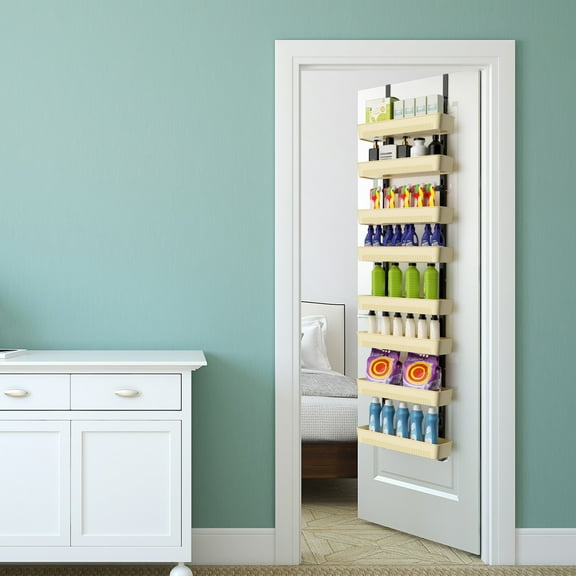 Door-Mounted Rack Over-the-Door Hanger with 8 Wooden Baskets