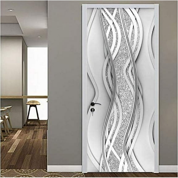 Door Murals Stickers,Door Sticker Modern 3D Abstract Fashion Line Silver Pearl Wallpaper