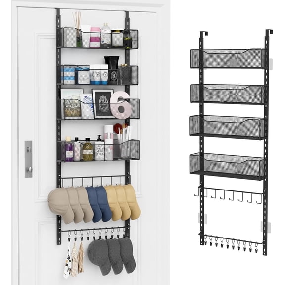 Over the Door Organizer, 2 in 1 Metal Hanging Closet Organizer & Hat Rack with 4 Adjustable Baskets, 8 Hooks, 10 Clips, Behind The Door Storage for Bedroom, Bathroom, Entrance, Closet, Kitchen, Black