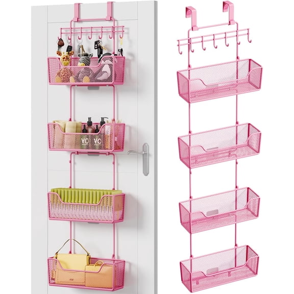 Over The Door Organizer with 4 Large Metal Baskets, Hanging Door Storage Rack with Adjustable Coat Hooks, for Bathroom Bedroom Kitchen Pantry Closet Cabinet
