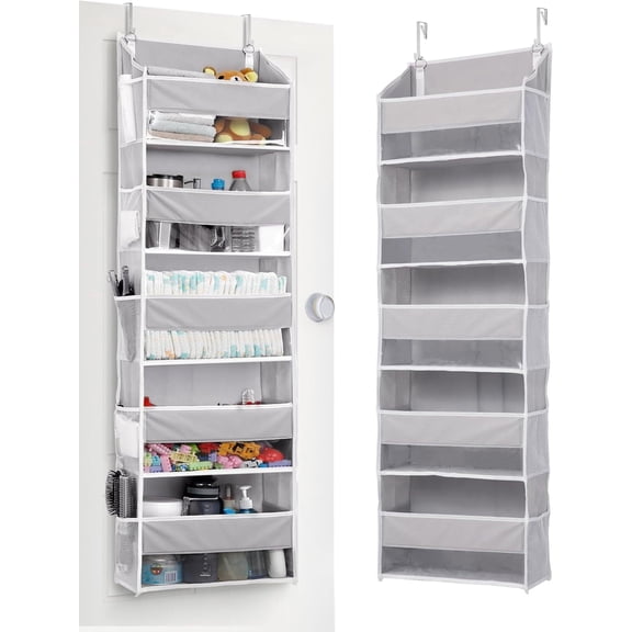 Over Door Organizer with 5 Large Pockets 10 Mesh Side Pockets, 44 lbs Weight Capacity Hanging Storage Organizer with Clear Window for Kids Toys, Shoes, Diapers, Grey