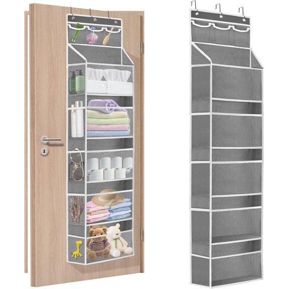 Over the Door Organizer with 5 Large Pockets, 5+3 Tiers Shelf Hanging Door Organizer, Adjustable Hanging Closet Organizer with Side 10 Mesh Pockets Heavy-Duty Non-Woven Fabric Fit Toys Shoes Diapers