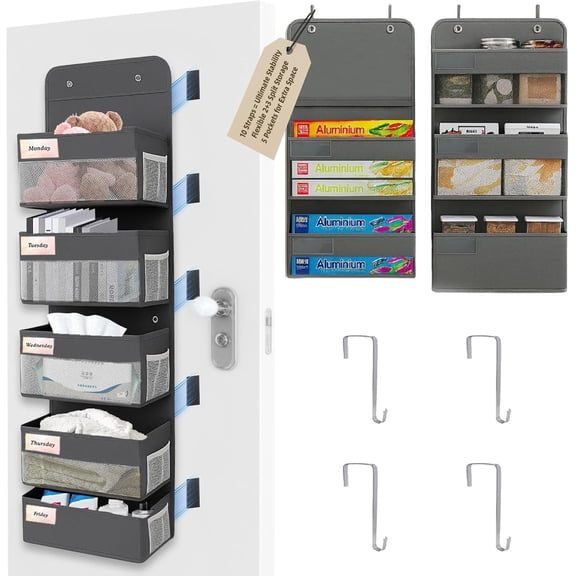 Over The Door Organizer with 5 Large Pockets & 5 Mesh Side Pockets, Sturdy Cardboard and Support rods Support, Breathable Mesh Front, for Bedroom, Bathroom, Pantry, , RV, Living (Grey)