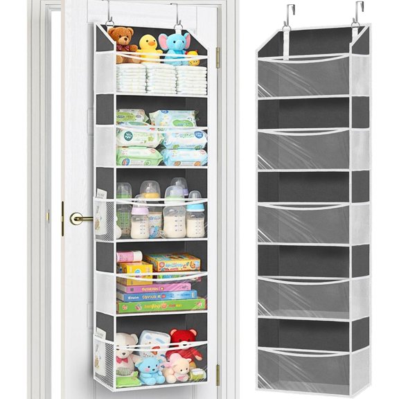 Over Door Organizer with 5 Large Pockets, 5 Transparent Front Pockets & 10 Mesh Side Pockets, 50 lbs Weight Capacity Storage for Toys, Shoes, Diapers, Pantry - Grey