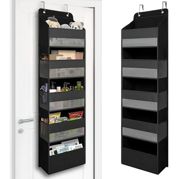 Over Door Organizer with 5 Large Pockets, Heavy Duty Hanging Organizer Storage, Closet Bathroom Nursery Bedroom Dorm, Toys Cosmetics Sundries and Baby Essentials, Black