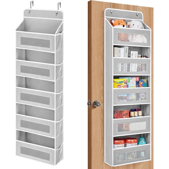 Over The Door Organizer, 5 Shelf Door  Organizer with 5 Large Pockets, 44 lbs Weight Capacity  Storage for Bathroom, Bedroom, , RV, Pantry (Light Grey)
