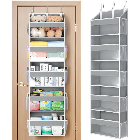 Over the Door Organizer 5 Tiers, Heavy Duty Hanging Storage with 5 Large Clear PVC Pockets and 10 Side Pockets, 56lbs Capacity for Closet Door Bathroom Bedroom Nursery Dorm Laundry Room, Grey