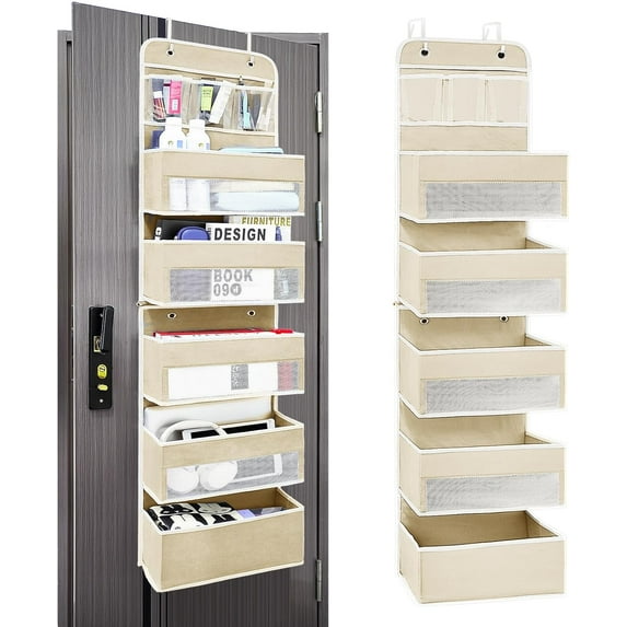 Over The Door Organizer 6 Tiers, Behind Door Storage of 5 Compartments, 44 Weight Capacity Bathroom Organizers and Storage, Door Hanging Organizer for Closet, Room Storage, Lvoy White, 6 Shelf