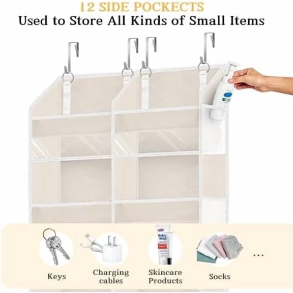 Over the Door Organizer 6 Tiers, Extra Large Behind Door Storage of 12 Compartments,80 lbs Weight Capacity Hanging Storage Organizer with Clear Window Kids Toys, Shoes, Diapers,Beige
