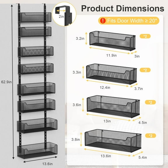 Over the Door Organizer, 8-Tier Pantry Organizer with Fully Enclosed Mesh Baskets, Heavy-Duty Metal Hanging Spice Rack for Kitchen Bathroom Laundry Room, 2-in-1 Wall Mount or Door Mount, Black