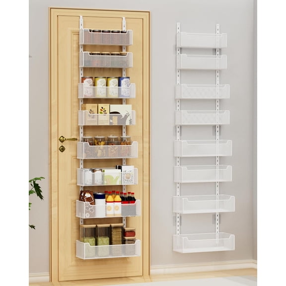 Over the Door Organizer, 8-Tier Pantry Organizer with Fully Enclosed Mesh Baskets, Heavy-Duty Metal Hanging Spice Rack for Kitchen Bathroom Laundry Room, 2-in-1 Wall Mount or Door Mount, White