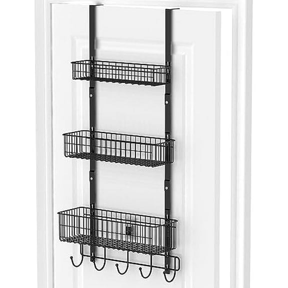 Over The Door Organizer with Hooks 3 Tier Back Towel Hanger Baskets Metal Behind Hanging Storage Shelf Pantry Racks for Bedroom Bathroom Black, R01-R984