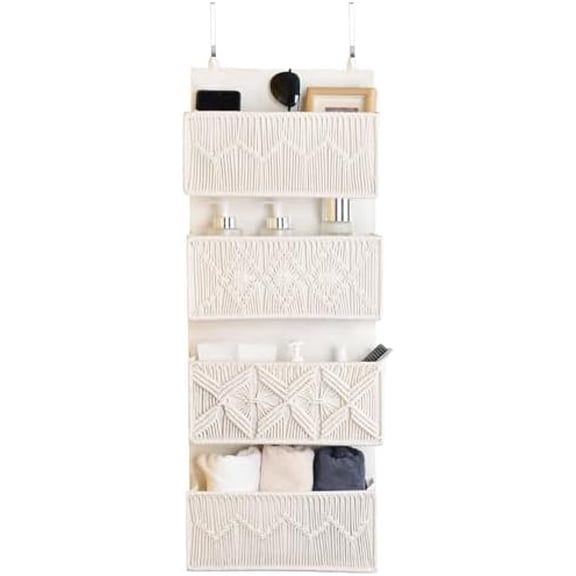 Over the Door Organizer Macrame Boho Nursery Storage with 4 Large Woven Pockets, Hanging Basket for Bathroom, Nursery & Closet Doors, Behind the Door Storage Organizer, Cream White