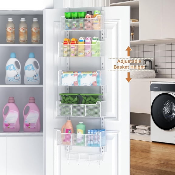 Over The Door Organizer, Metal Door Organizer Hanging with 5 Adjustable Baskets and Coat Hook, Behind The Door Storage for Bedroom Closet Bathroom Pantry Cabinet Kitchen, White