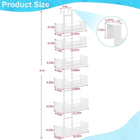 Over The Door Organizer, Metal Hanging Door Organizer with 6 Adjustable Baskets and 5 Hooks, Behind The Door Storage for Closet Pantry Cabinet Kitchen Bathroom Bedroom, White