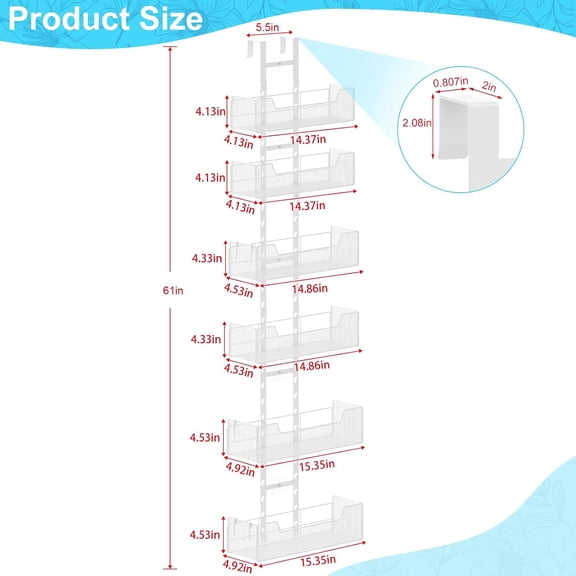 Over The Door Organizer, Metal Hanging Door Organizer with 6 Adjustable Baskets and 5 Hooks, Behind The Door Storage for Closet Pantry Cabinet Kitchen Bathroom Bedroom, White