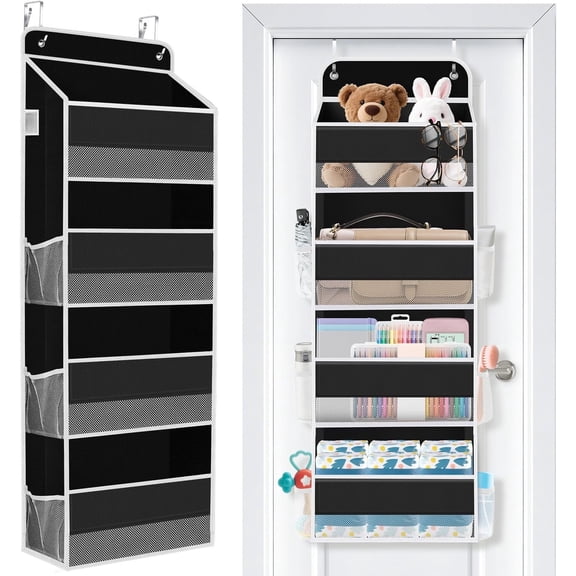 Over The Door Organizer Storage 4 Shelves Large Capacity Bedroom Storage Solution with 6 Side Pockets for Dorm Bathroom Pantry and Essentials Holds up to 40 Lbs (Black)