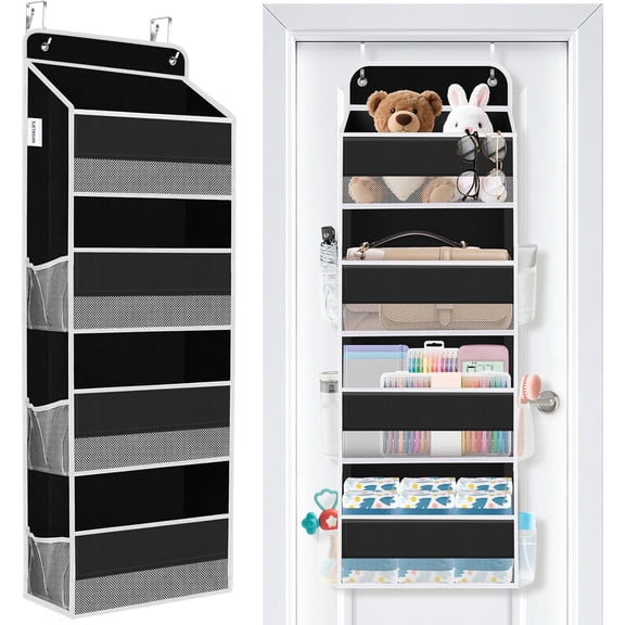 Over The Door Organizer Storage 4 Shelves Large Capacity Hanging Bedroom Storage Solution with 6 Side Pockets for Dorm Bathroom Pantry Nursery and Baby Essentials Holds up to 40 Lbs (Black)