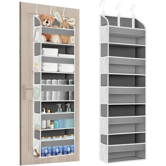 Over The Door Organizer Storage, Hanging Closet Organizers and Storage with 5 Large Pockets 10 Mesh Pockets, 44 lbs Weight Capacity, Behind The Door Storage for Nursery Bedroom Bathroom,Grey