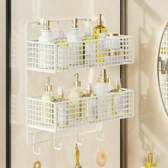Over the Door Organizer Two Tier Metal Storage Baskets with Hooks Hanging Shelf Bathroom Kitchen Pantry Space Saving Rack for Toiletries Cleaning Supplies Accessories