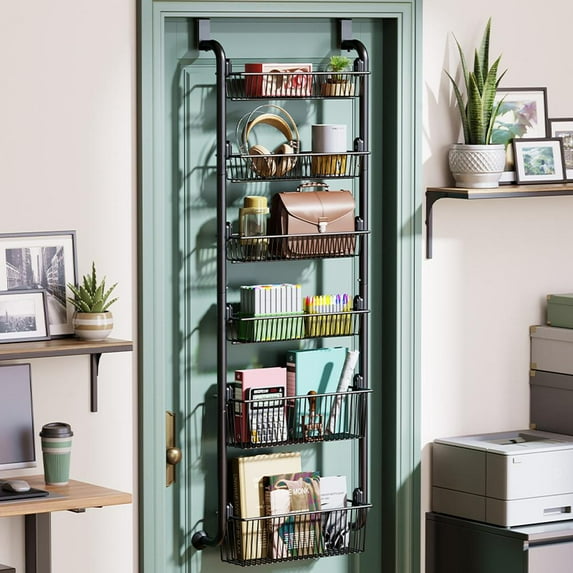 Over The Door Pantry Organize,Over The Door Organizer with Adjustable Basket,Metal Over Door Hanging Organizer for Kitchen,Back of Door Seasoning Rack