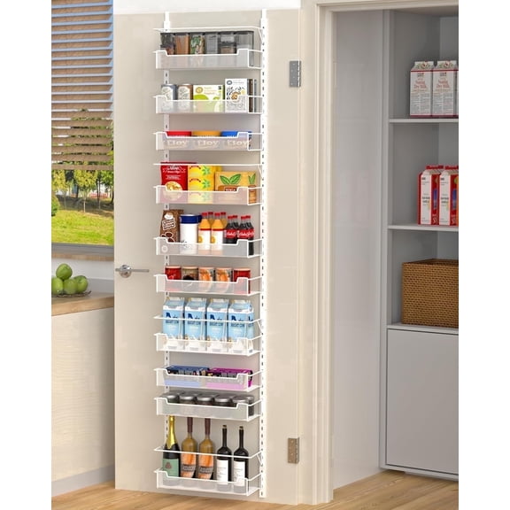VyGrow 10-Tier Over the Door Pantry Organizer with Adjustable Basket, Pantry Door Organization for Pantry Kitchen Storage Room Spice Rack, White