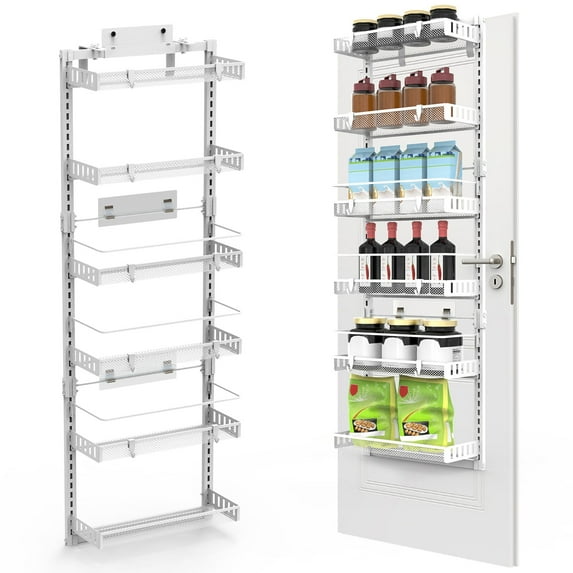 Over the Door Pantry Organizer, 6 Tier Over the Door Organizer with Adjustable Basket, Pantry Door Organization for Pantry Kitchen Storage Room Spice Rack, White