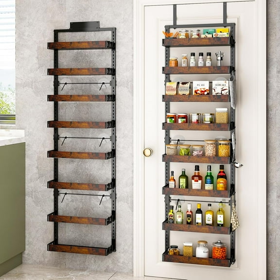 Over the Door Pantry Organizer, 8-Tier Adjustable Wooden Basket Kitchen Pantry Door Organization and Storage, 2 in 1 Wall Mount or Hanging Heavy-Duty Metal Hanging Kitchen Spice Rack,White