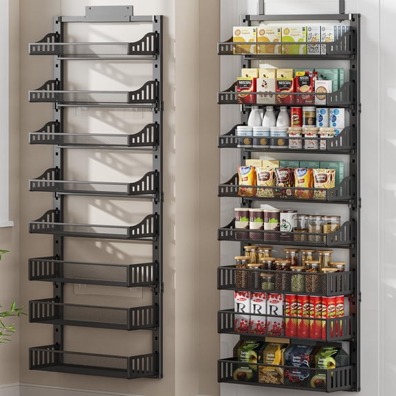 Over the Door Pantry Organizer 8-Tier, Large Metal Door Spice Rack with Adjustable Basket, 2 in 1 Wall Mount or Hanging Heavy-Duty Pantry Door Storage Shelf for Kitchen and Bathroom, White