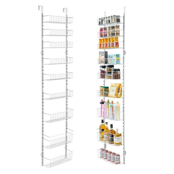 Over The Door Pantry Organizer, 9-Tier Pantry Organization and Storage, Metal Hanging Spice Rack for Kitchen, Laundry, Bathroom, Back of Door Seasoning Rack 9 Baskets, White