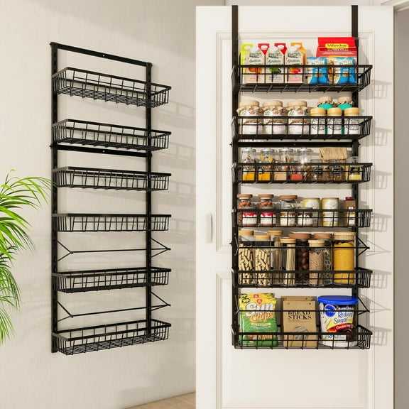 Over The Door Pantry Organizer, Pantry Storage and Organization, 6-Tier Adjustable Hanging Baskets, Metal Wall Mount Spice Rack Seasoning Shelves for Home & Kitchen, Laundry Bathroom - Black