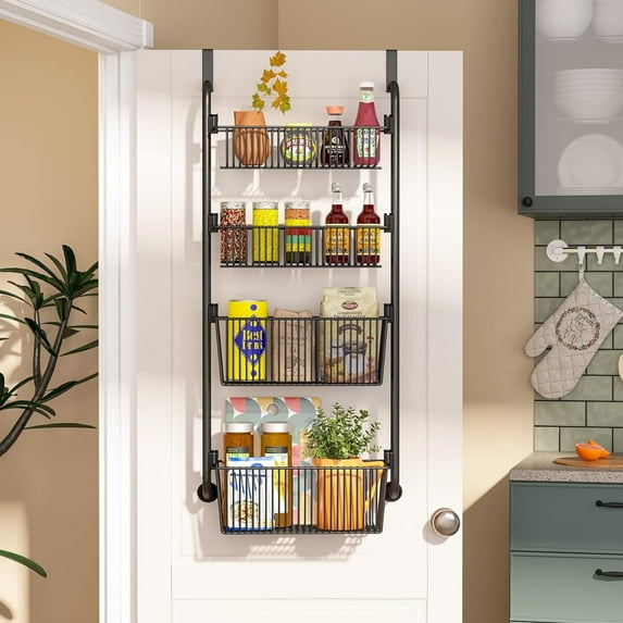 Over the Door Pantry Organizer, ZRSDIXKI 4 Tier Metal Pantry Door Organization, Heavy Duty Hanging Storage Kitchen Spice Rack Over Door Can Organizer, Black