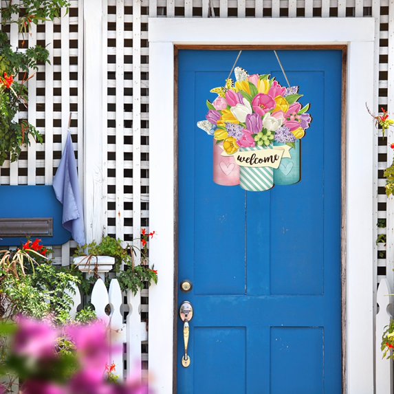 Door Plates Colorful Flowers Spring Hanging Decorative Signs Wooden Spring Welcome Panels Are Used To Decorate The Porch Entrance Door/ Spring flower color print welcome sign C