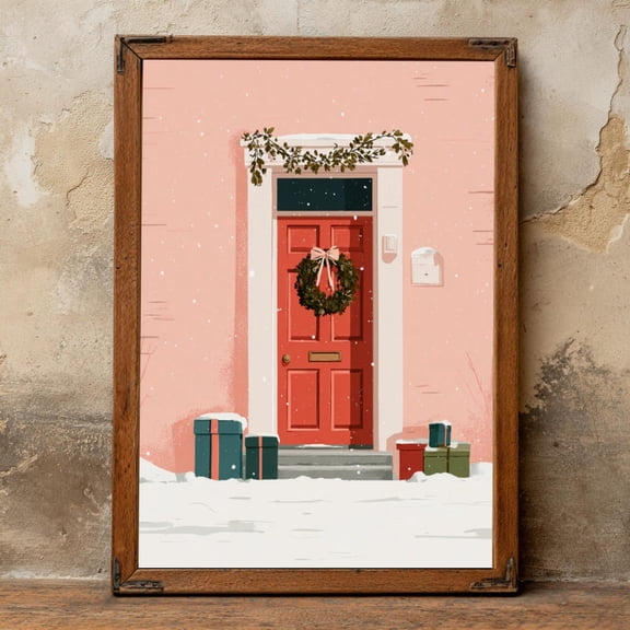 Door Print Red Door, Wreath & Snow Scene Poster Decor, Unframed Poster Size 8x12 F03.1.22l1199