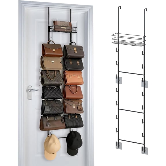 Over The Door Purse Organizer, Hanging Purse Storage Rack Wall Mounted Handbag Organizer with Metal Basket and Holds up to 16 Bags, Bag Rack Can Use As 1/2 Part for Door or Closet