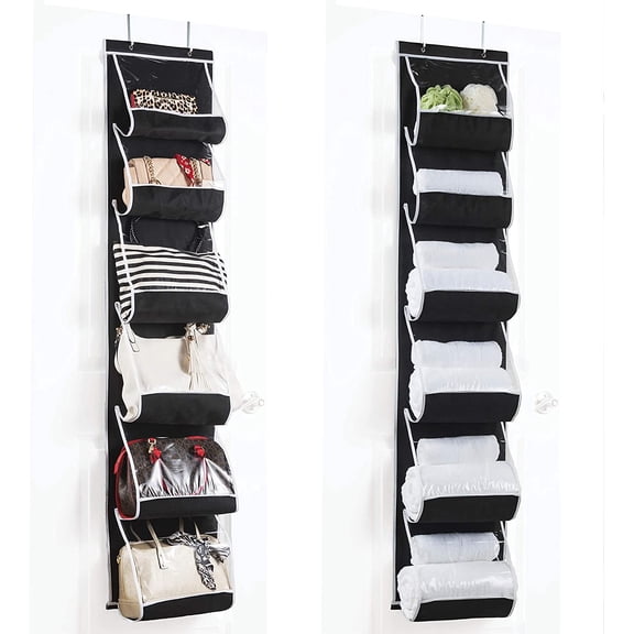 Over The Door Purse Organizer & Storage (2Pack) Handbag Organizer with 6 Easy Access Deep Pockets - Durable Metal Hooks, Handbag Organizer with Clear Pockets -Ideal for Scarf, Umbrella/Accessories Etc