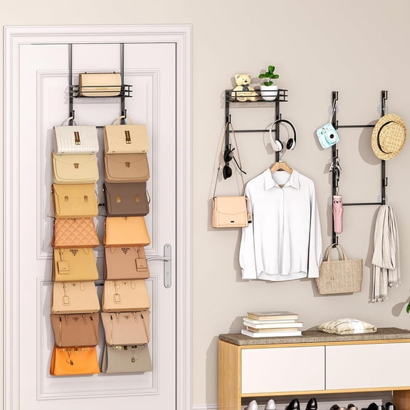 Over The Door Purse Organizer, Taotique Wall Mounted Handbag Organizer with 16 Hooks and Metal Basket, Hanging Purse Storage Rack Holds up to 16 Bags, Bag Rack Can Use As 1/2 Part, for Door, Closet