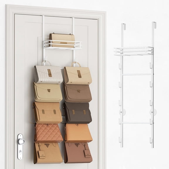 Over The Door Purse Organizer - Wall Mounted Handbag Organizer with 10 Hooks and Metal Basket, Hanging Purse Storage Rack Holds up to 10 Bags, Bag Rack Can Use As 1/2 Part, for Door, Closet