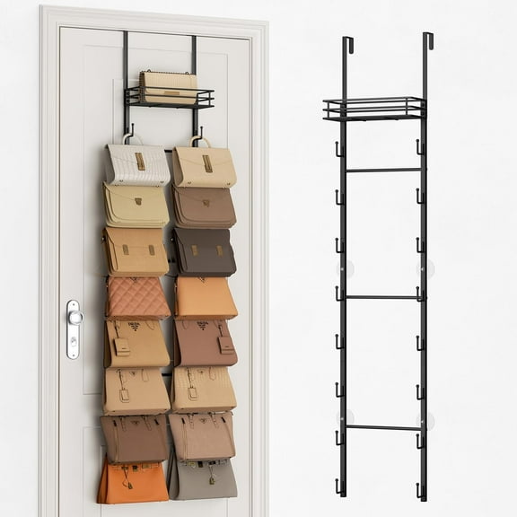 Over the Door Purse Organizer - Wall Mounted Handbag Organizer with 16 Hooks and Metal Basket, Hanging Purse Storage Rack Holds up to 16 Bags, Bag Rack Can Use As 1/2 Part, for Door, Closet